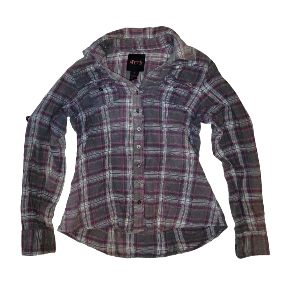 MYTH nyc Gray & Pink Plaid Long Sleeve Button Up Top Size Small